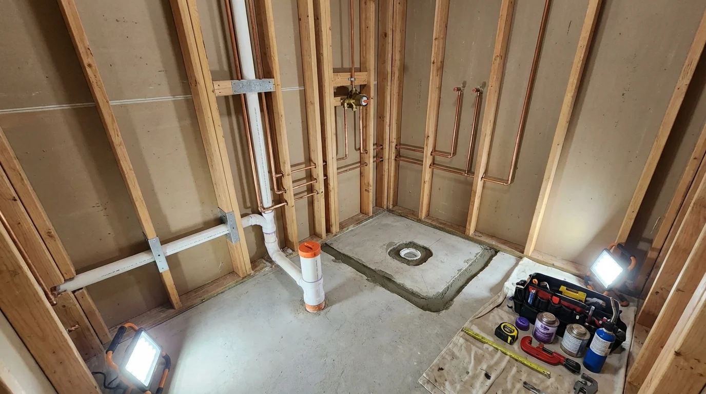 Bathroom rough-in plumbing during remodel by Johns Plumbing LLC in Morrisville