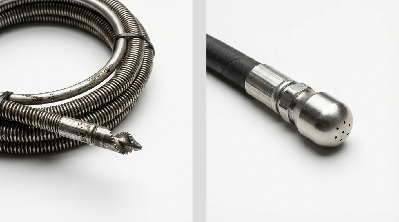 Drain snake cable and hydro jetting nozzle used for drain cleaning in Morrisville, NY