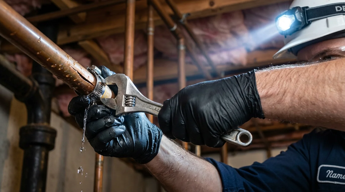Emergency pipe clamp repair being performed by a Johns Plumbing LLC plumber in Morrisville