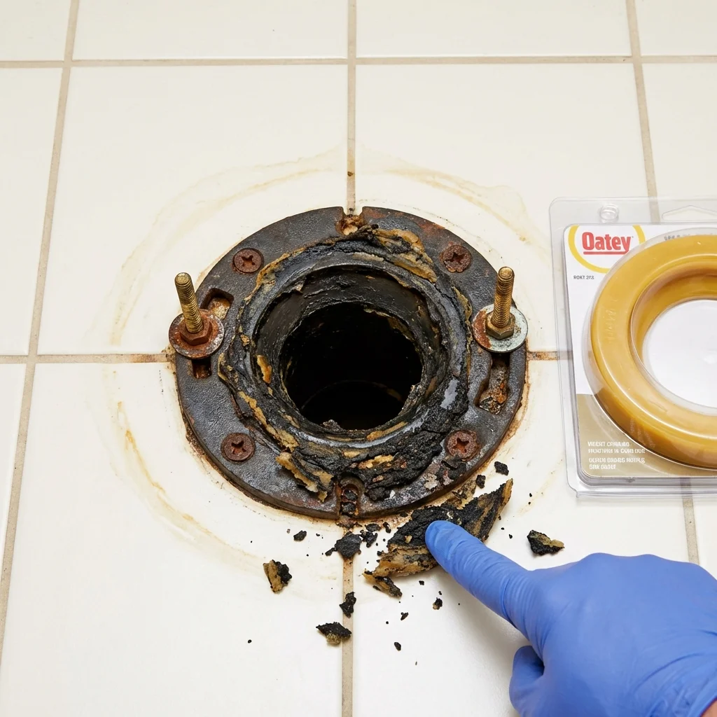 Failed wax ring showing water seepage at the base of a toilet in a Morrisville, NY home