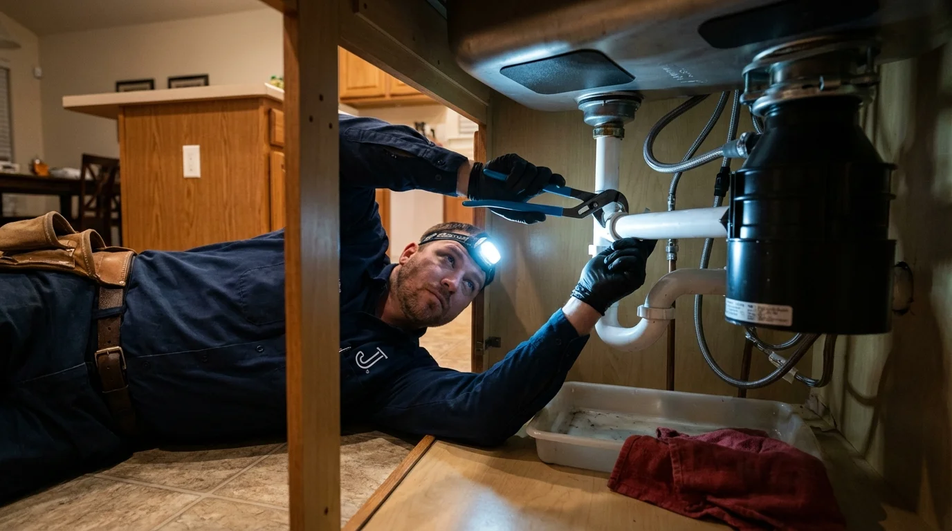 P-trap and supply line connections under a kitchen sink showing a common leak point in Morrisville, NY